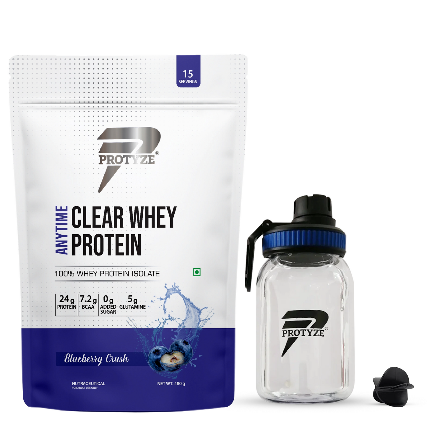 Anytime Clear Whey Protein, Blueberry Crush + Tritan Shaker with Breaker Ball.