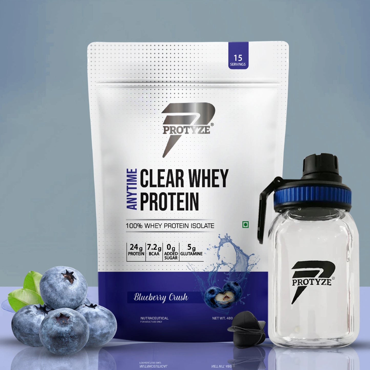 Anytime Clear Whey Protein, Blueberry Crush + Tritan Shaker with Breaker Ball.