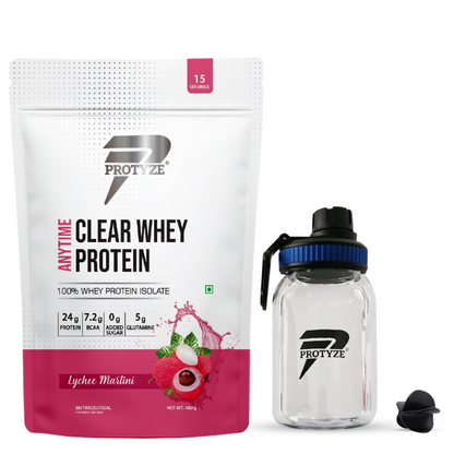 Anytime Clear Whey Protein, Lychee Martini + Tritan Shaker with Breaker Ball.