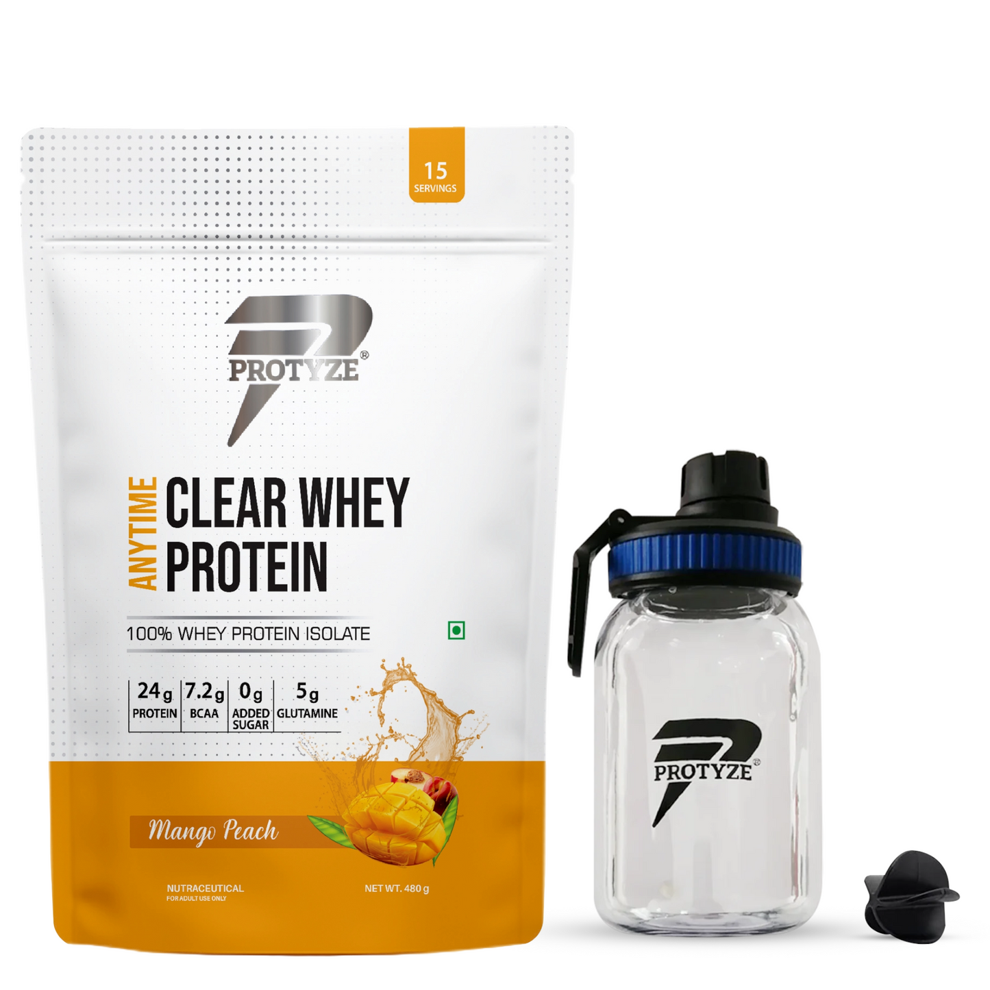 Anytime Clear Whey Protein, Mango Peach + Tritan Shaker with Breaker Ball.