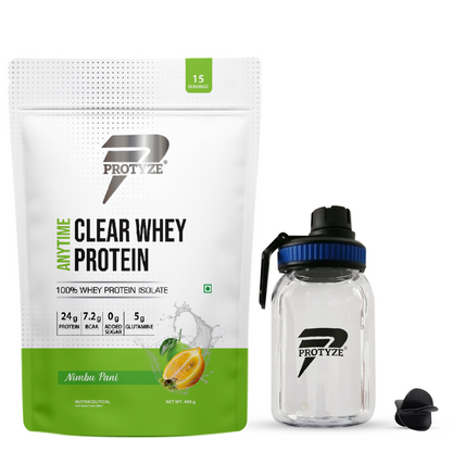 Anytime Clear Whey Protein, Nimbu Pani + Tritan Shaker with Breaker Ball.