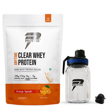 Anytime Clear Whey Protein, Orange Squash + Tritan Shaker with Breaker Ball.