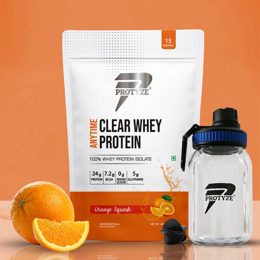 Anytime Clear Whey Protein, Orange Squash + Tritan Shaker with Breaker Ball.